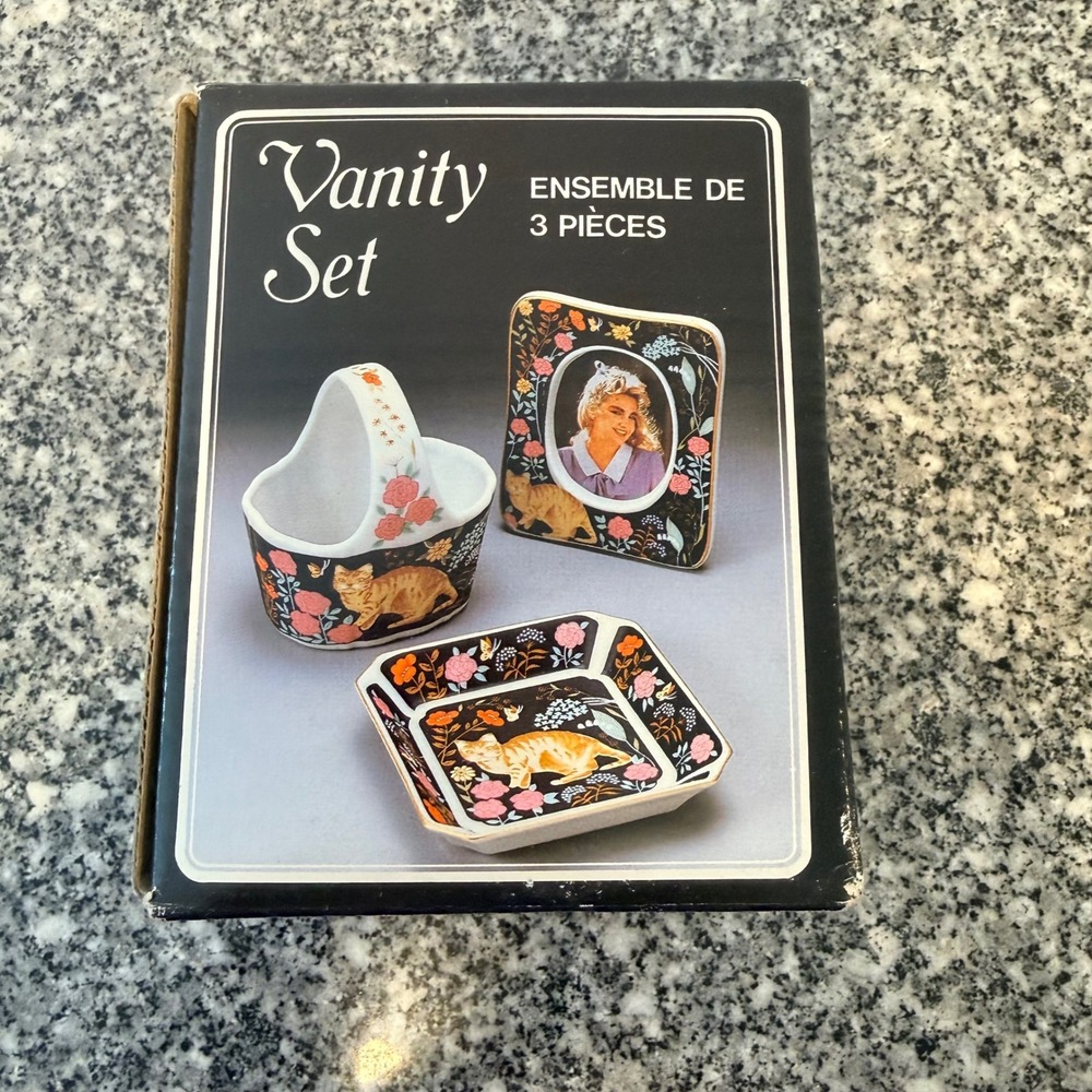 Action Industries Vintage 1986 Vanity Set 3 Piece Black Ceramic Tabby Cat Floral
